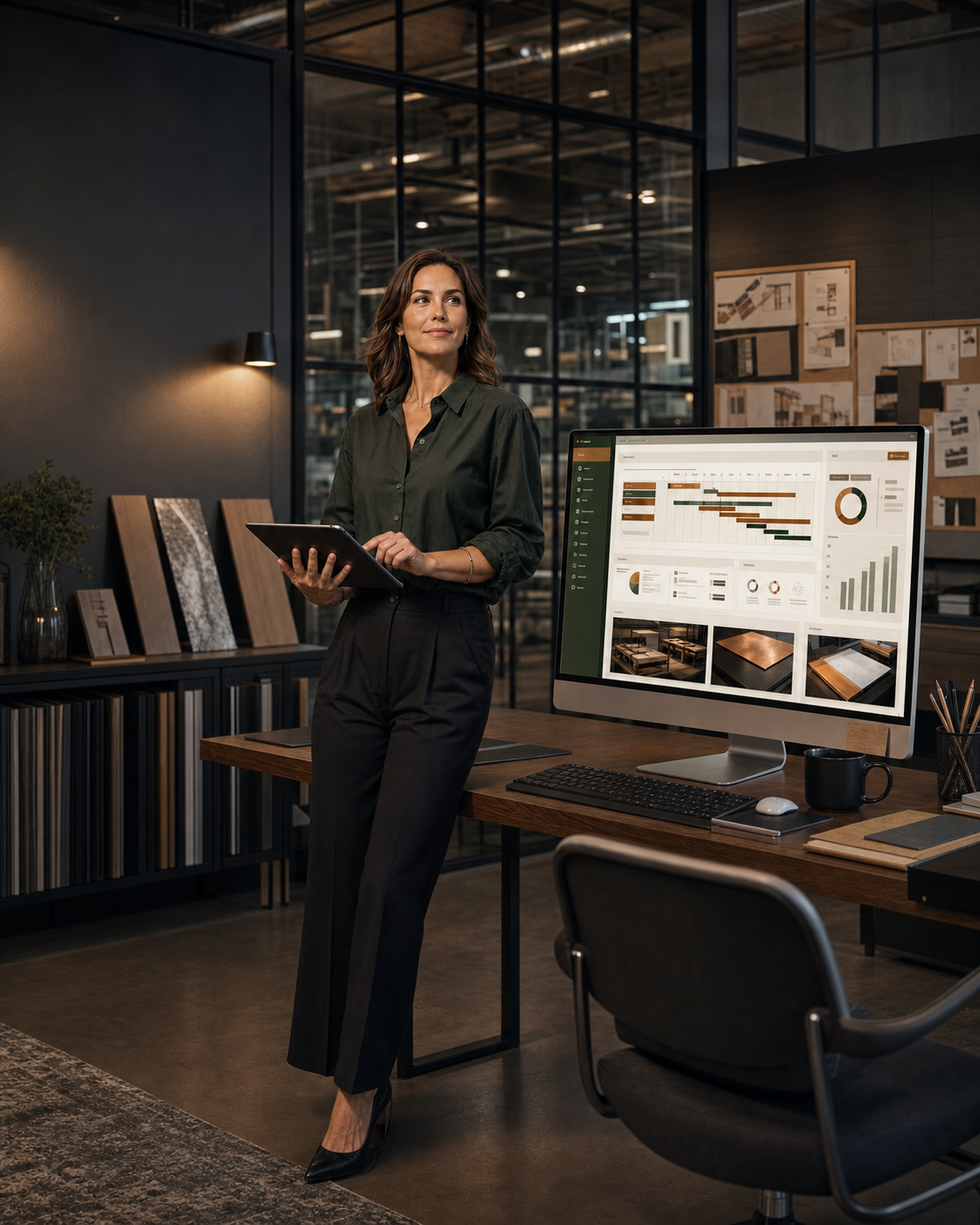 A business owner reviewing her company's custom operations software on a tablet and desktop display