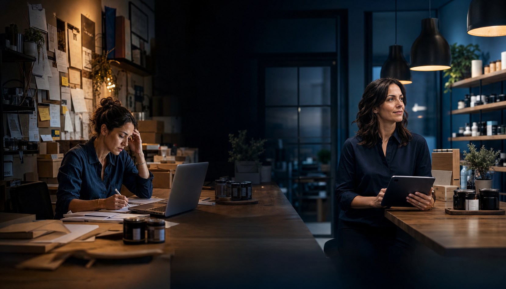 The same business owner moving from manual work to a clearer, connected operation